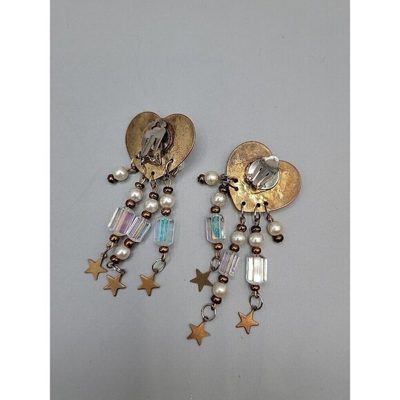 Floral Heart Dangling Faux Pearl Clip-on Earrings Irridescent Bead Stars Vintage - Picture 9 of 11